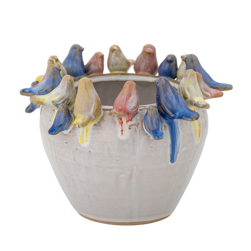 Eanna Ceramic Blue Pot - Birds-Bloomingville-Beaumonde