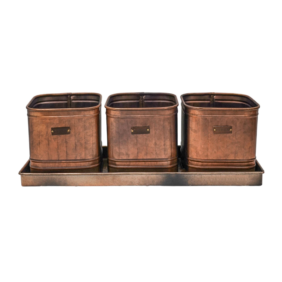 Outdoor Hampton Copper Set of 3 Herb Planters With Tray-Beaumonde