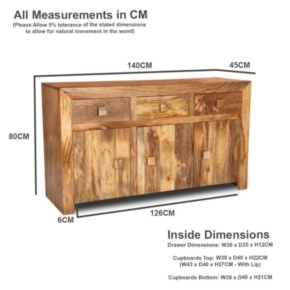Trade Furniture 140cm 3 Cupboard Sideboard