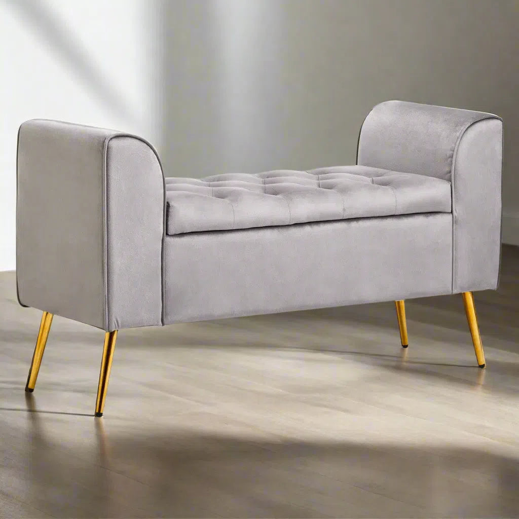 Beaumonde Home Lorenzo Grey Velvet Storage Bench-Beaumonde