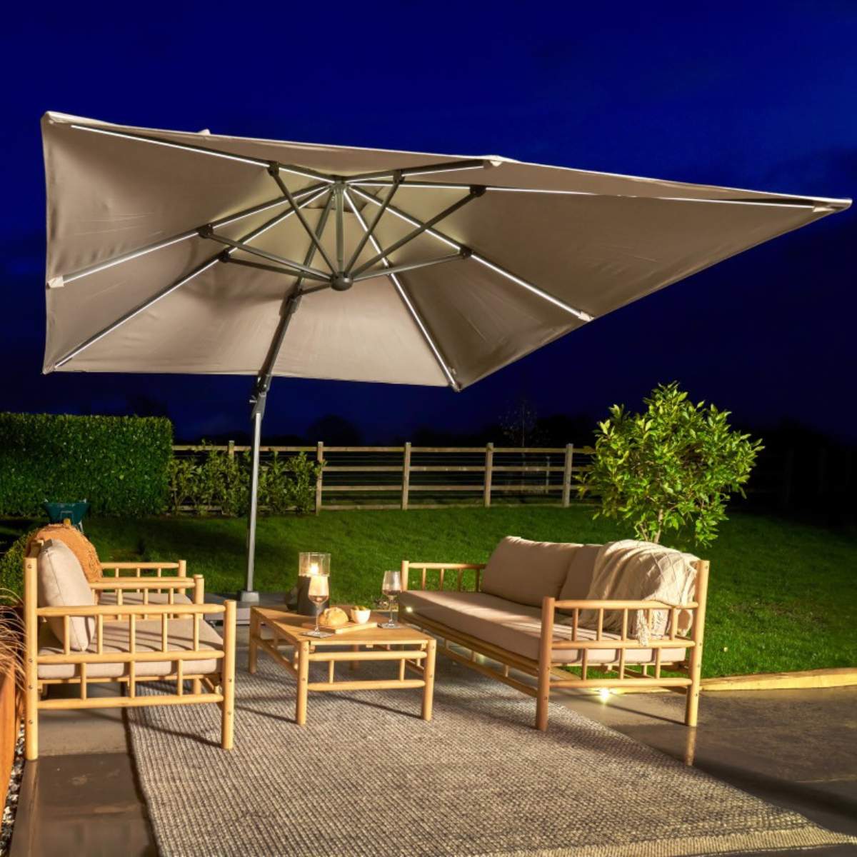 Beau&Co Glow Challenger T2 3m Square Champagne Free Arm Parasol
