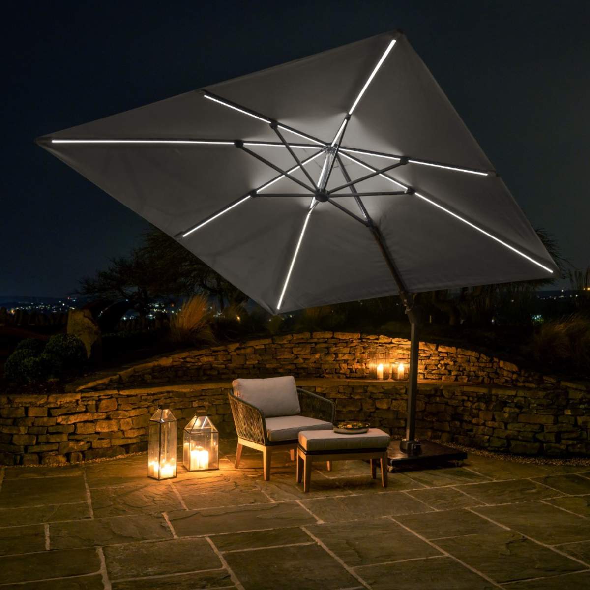 Pacific Lifestyle Glow Challenger T2 3m Square Luna Grey Free Arm Parasol