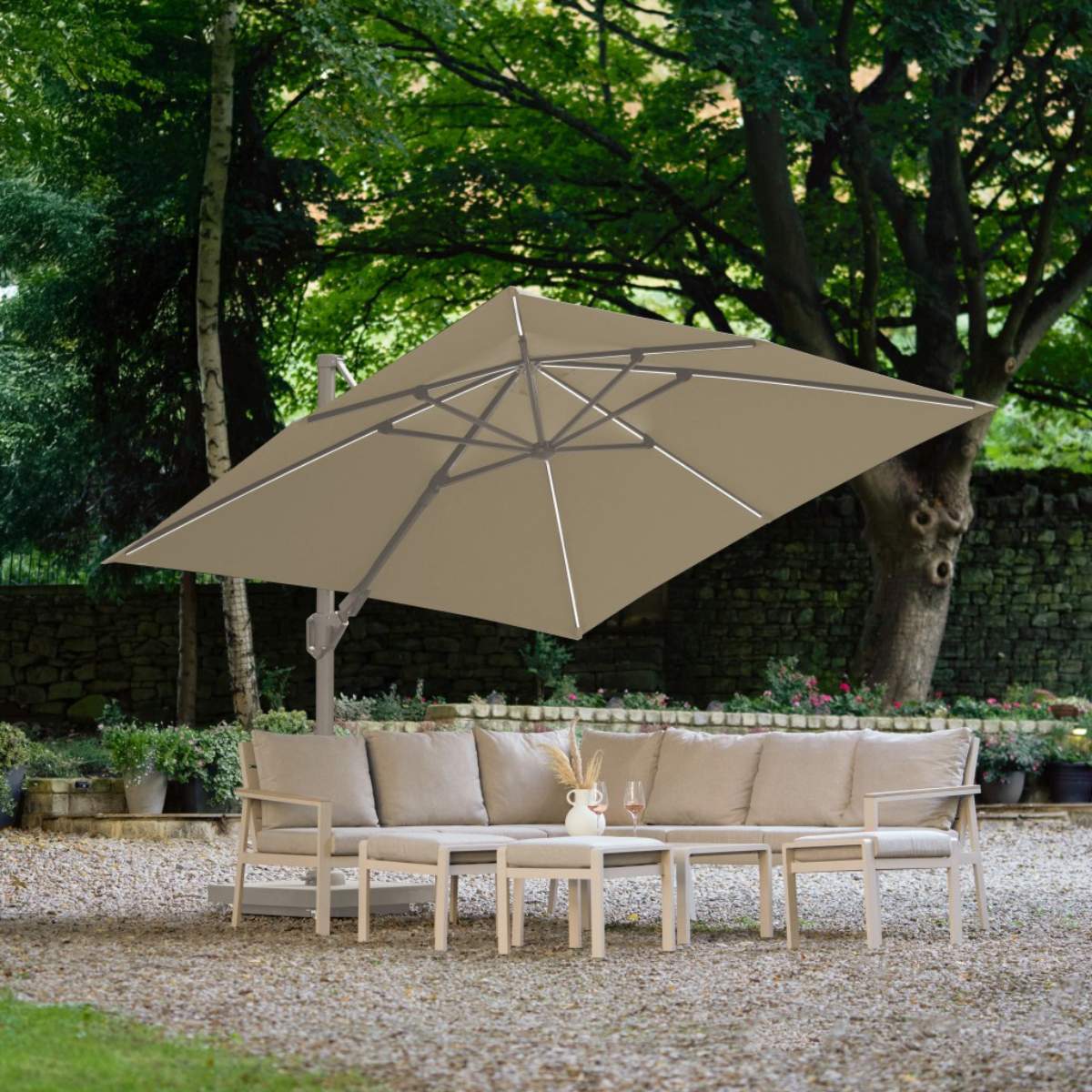 Beau&Co Glow Challenger T2 3m Square Sandstone / Champagne Free Arm Parasol