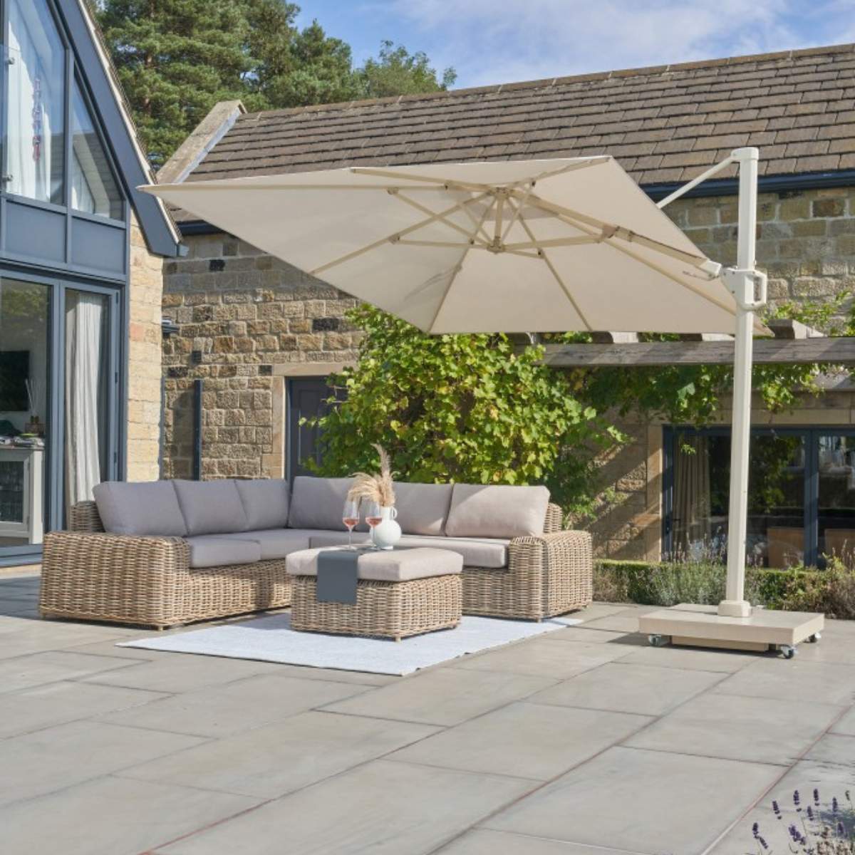 Pacific Lifestyle Challenger T2 3m Square Sandstone / Champagne Free Arm Parasol