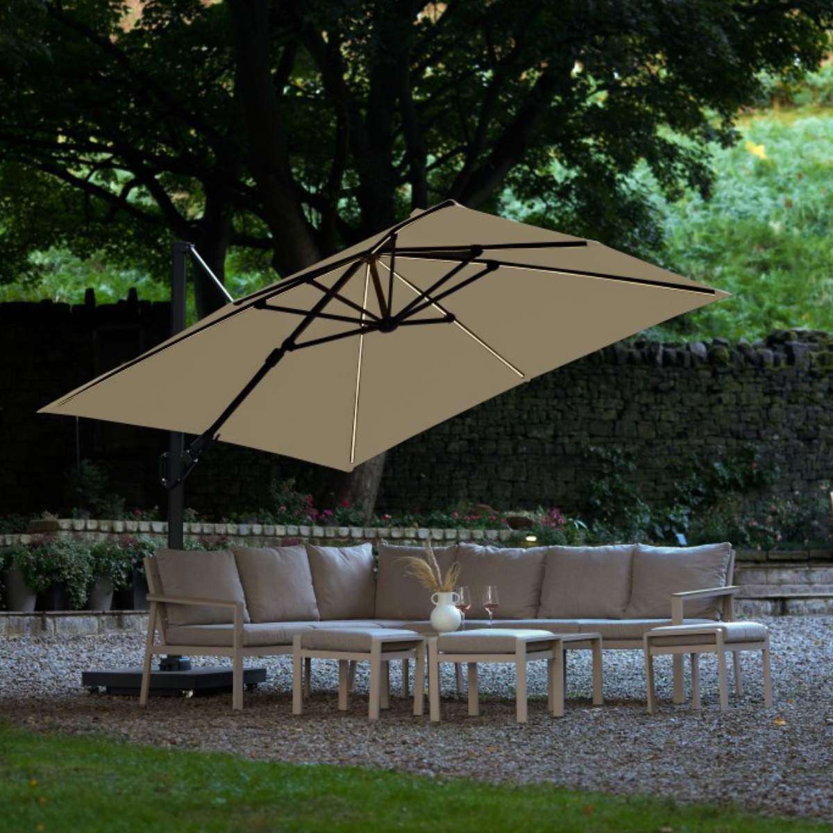 Beau&Co Glow Challenger T2 3m Square Premium Champagne Free Arm Parasol