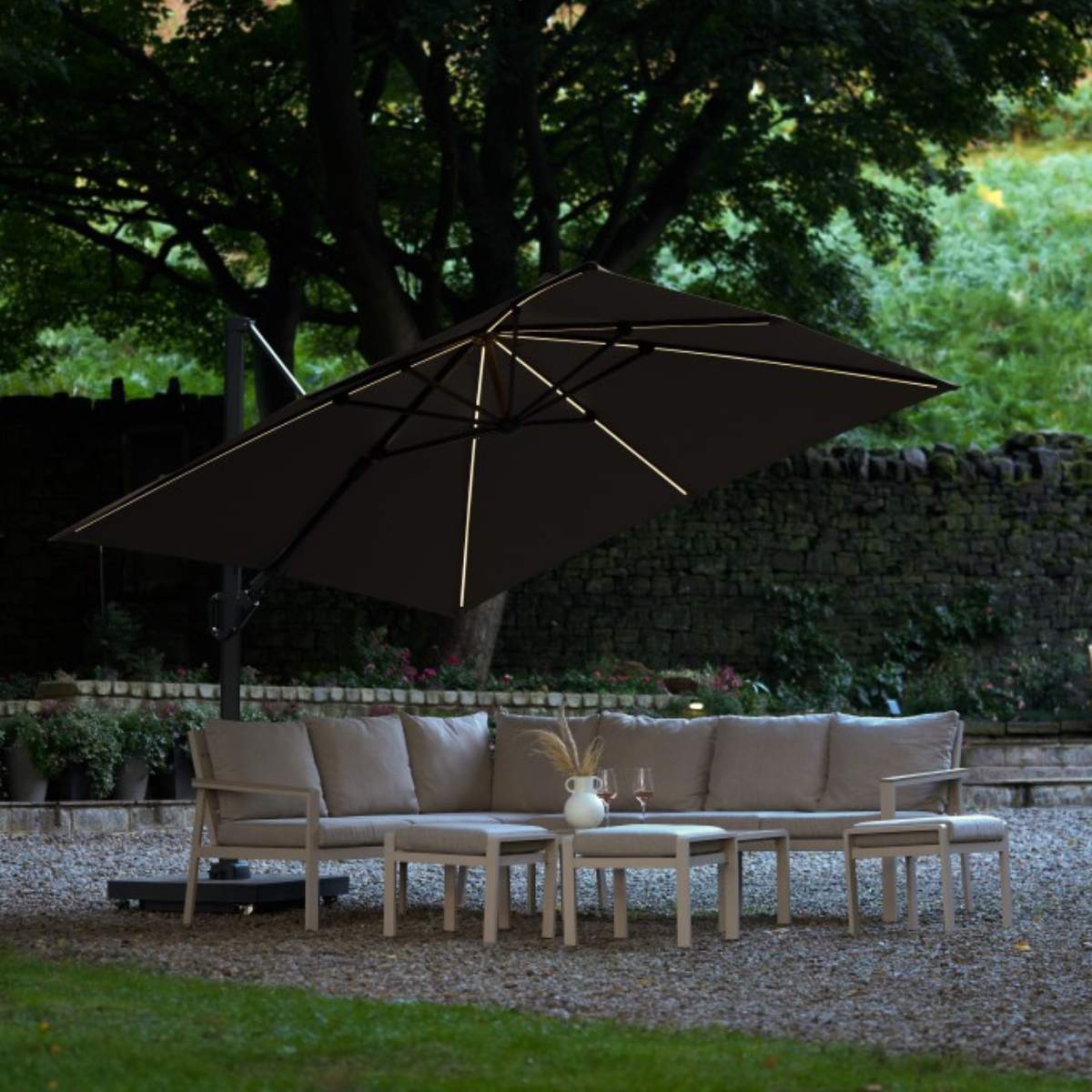 Pacific Lifestyle Glow Challenger T2 3m Square Premium Havana Taupe Free Arm Parasol