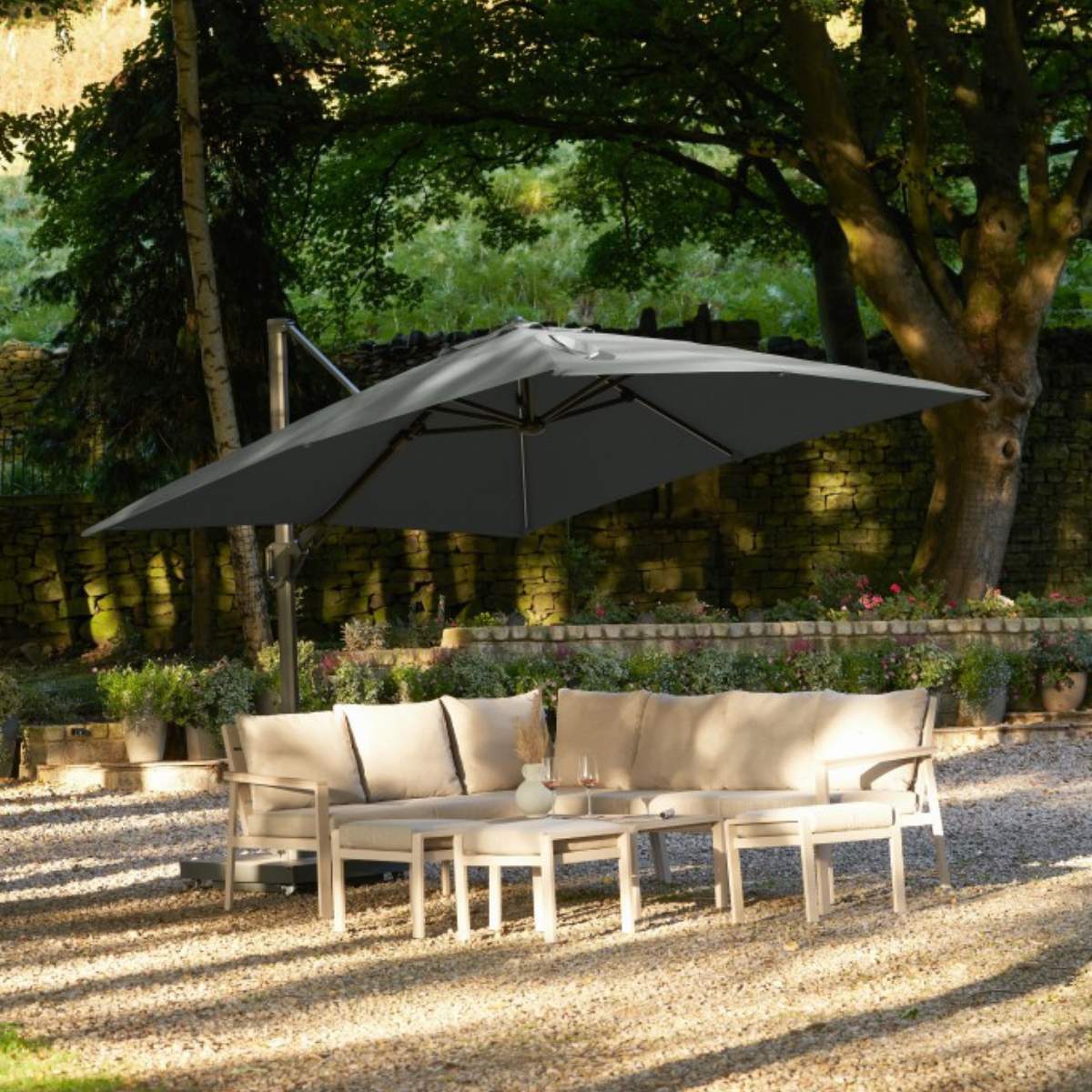 Beau&Co Glow Challenger T2 3m Square Premium Manhattan Grey Free Arm Parasol