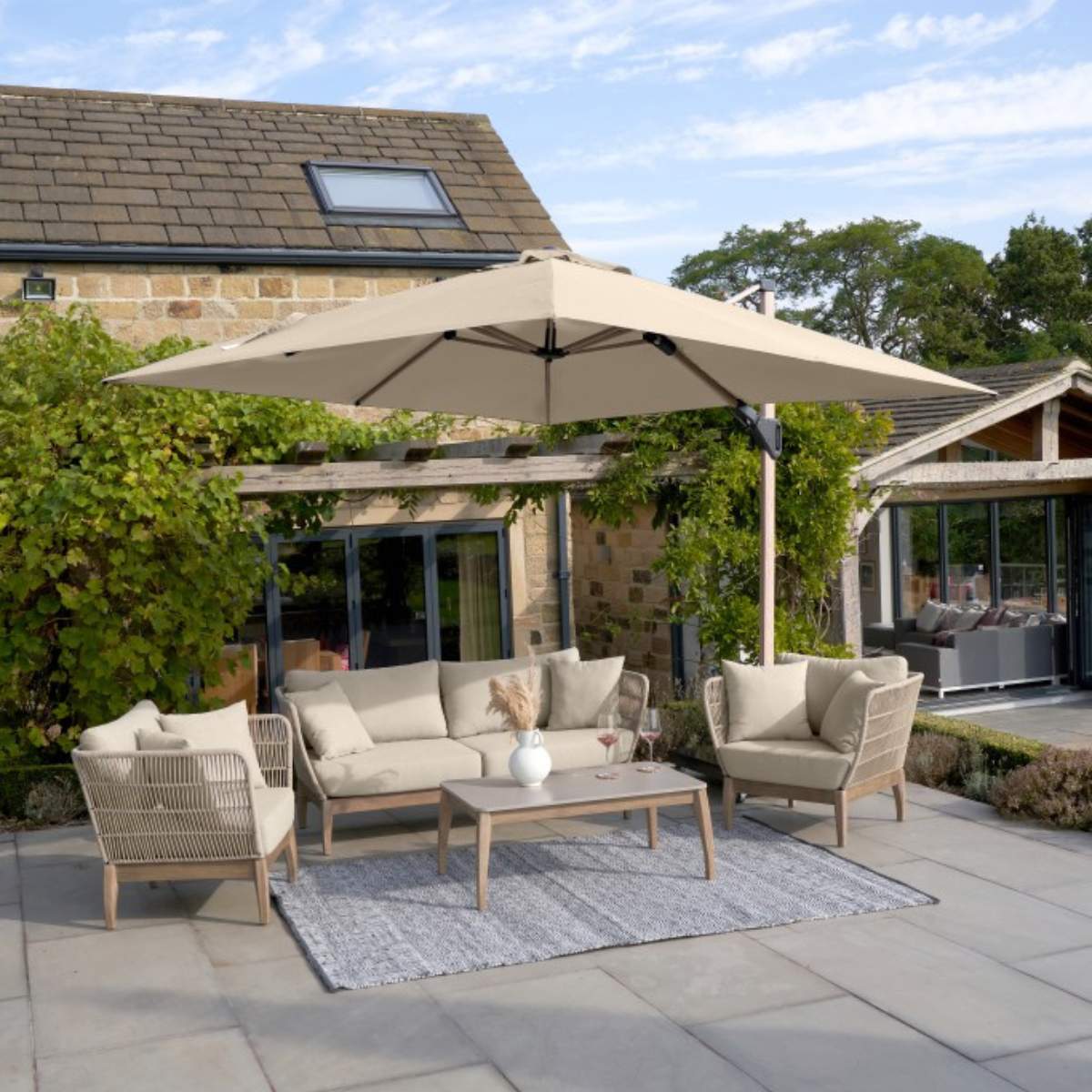 Beau&Co Challenger Teak T2 3m Square Premium Champagne Free Arm Parasol