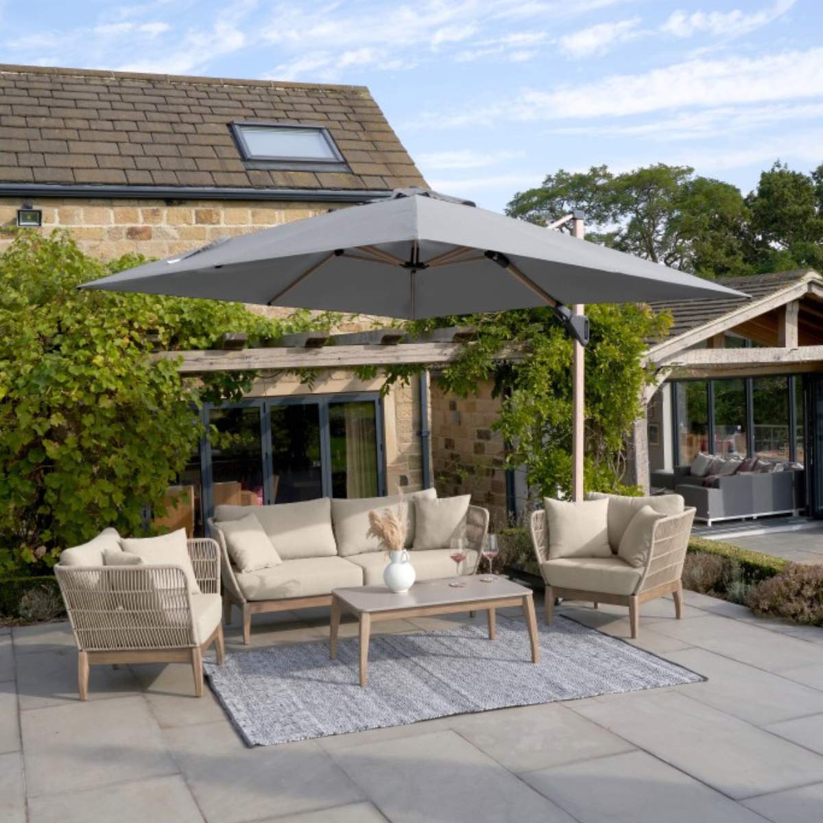 Beau&Co Challenger Teak T2 3m Square Premium Manhattan Grey Free Arm Parasol