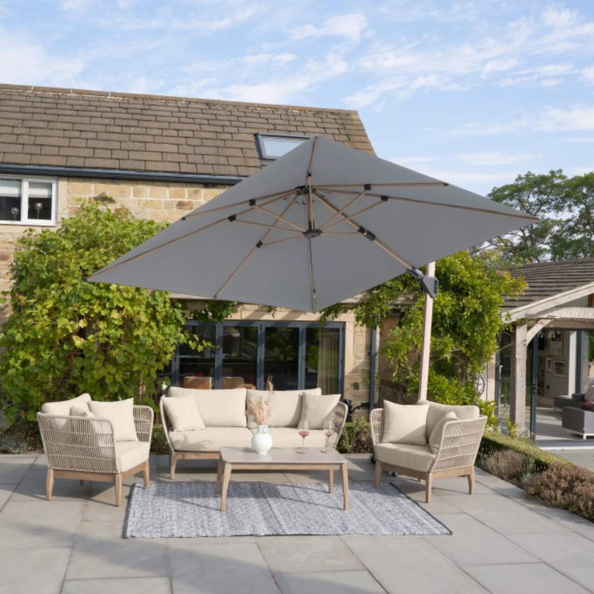 Beau&Co Challenger Teak T2 3m Square Premium Manhattan Grey Free Arm Parasol