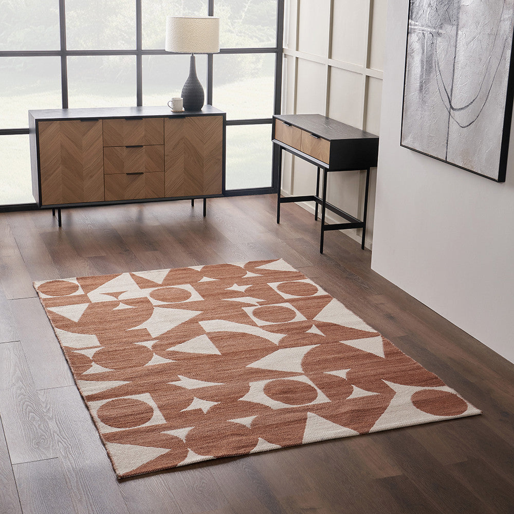 Beau&Co Indoor Outdoor Terracotta and Ivory Geometric Design Rug