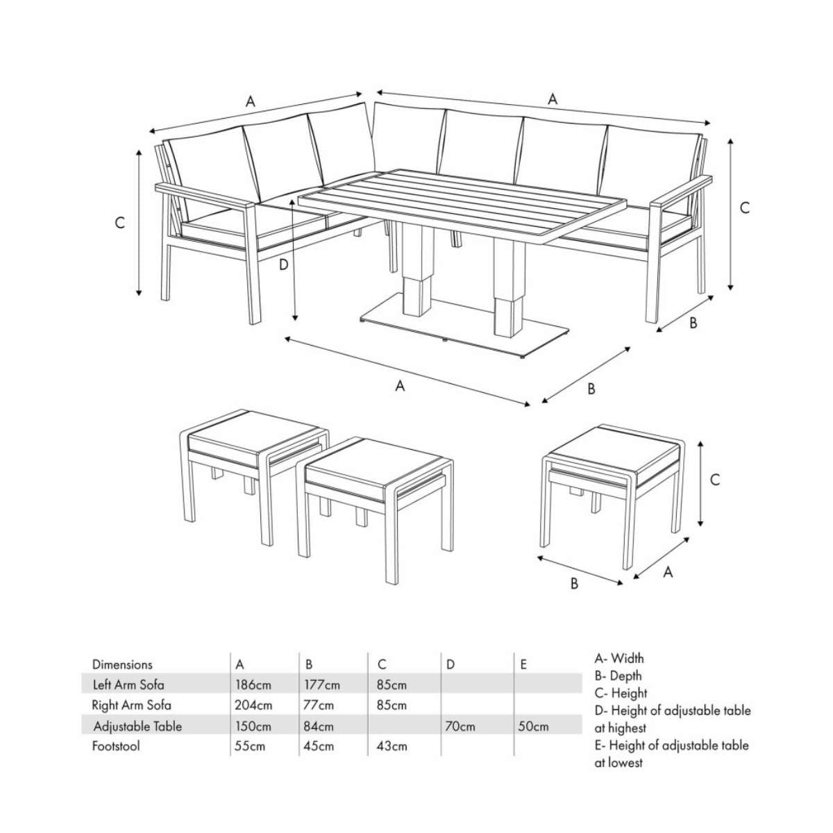 Beau&Co Aruba Outdoor Corner Seating Set with Adjustable Table