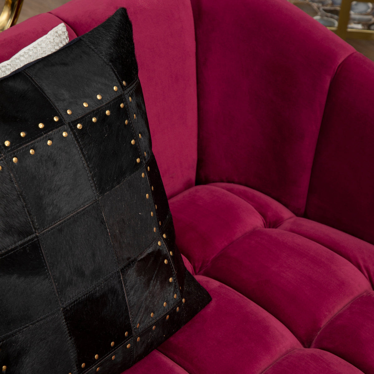 Beaumonde Home Bosie Safira Black Patchwork Leather Cushion With Gold Studs 10