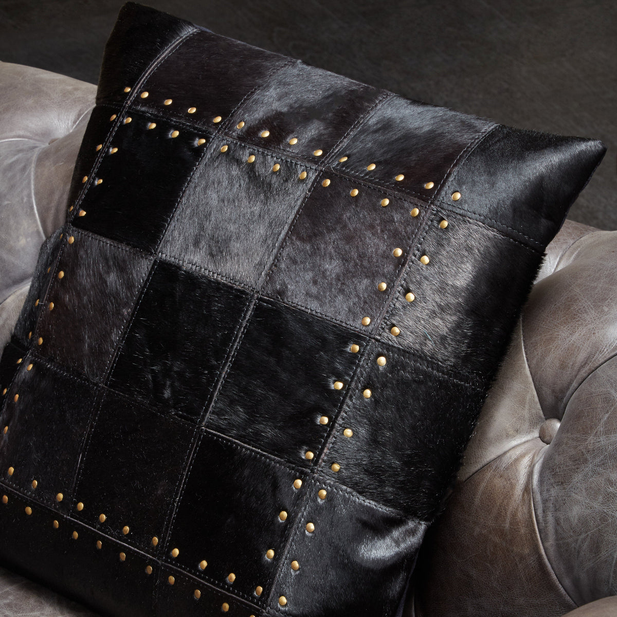 Beaumonde Home Bosie Safira Black Patchwork Leather Cushion With Gold Studs 9