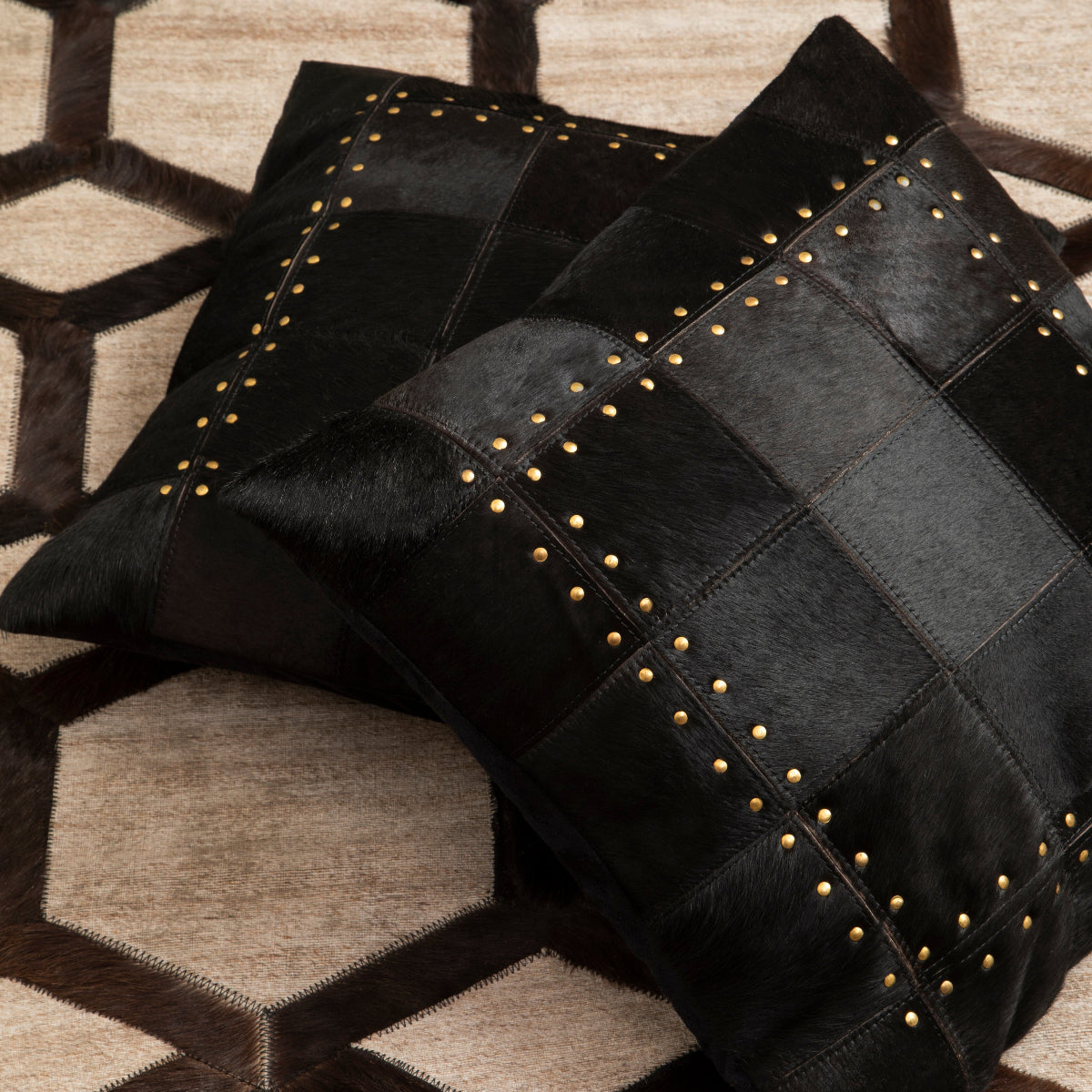 Beaumonde Home Bosie Safira Black Patchwork Leather Cushion With Gold Studs 8