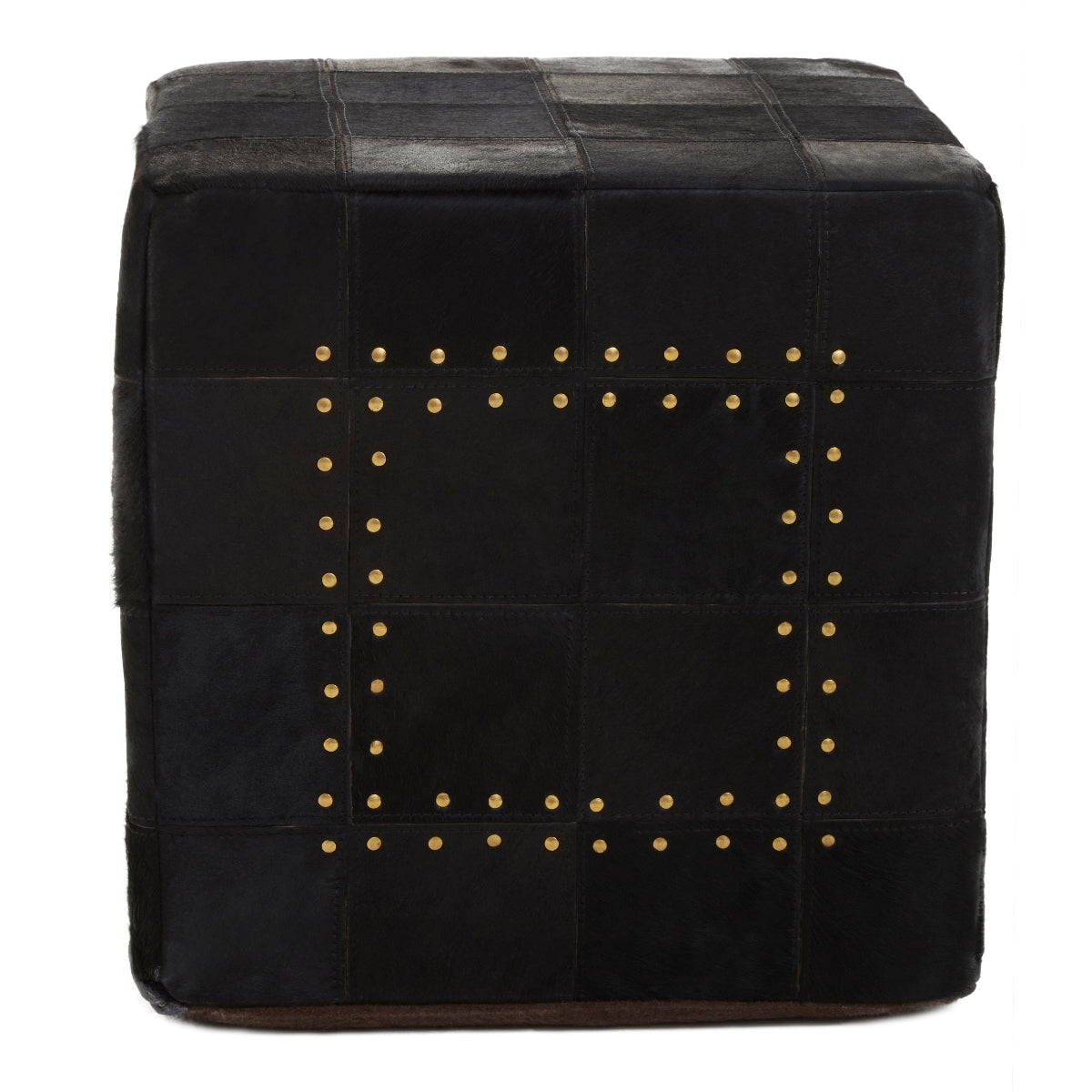 Beaumonde Home Bosie Safira Black Patchwork Leather Pouffe With Gold Studs 7