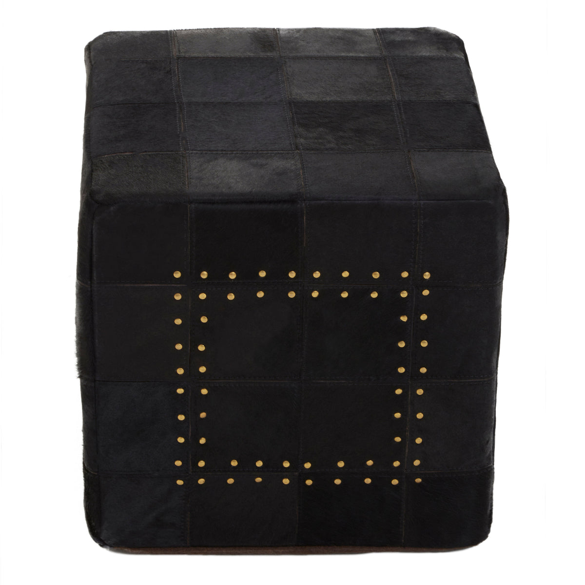 Beaumonde Home Bosie Safira Black Patchwork Leather Pouffe With Gold Studs 6