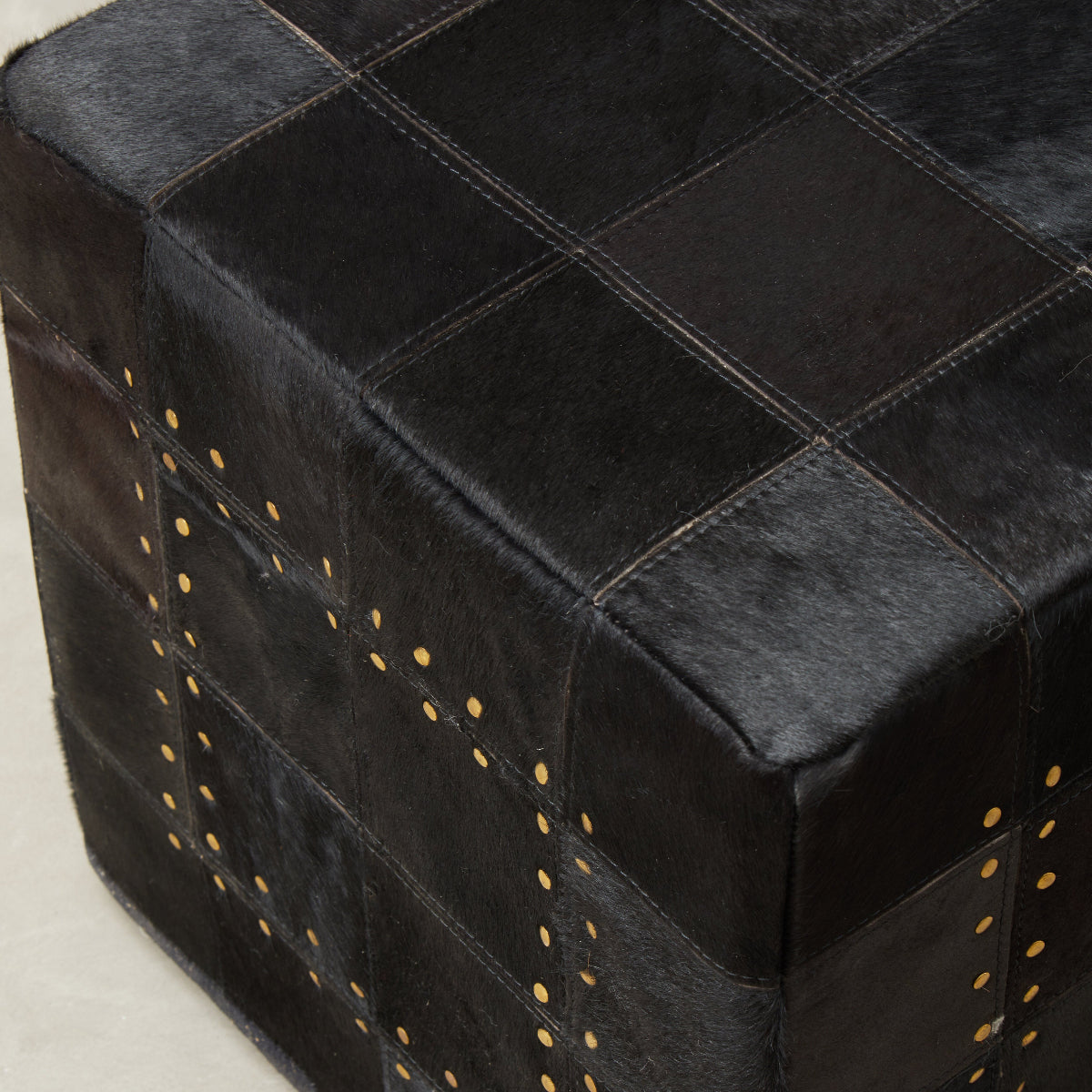Beaumonde Home Bosie Safira Black Patchwork Leather Pouffe With Gold Studs 4