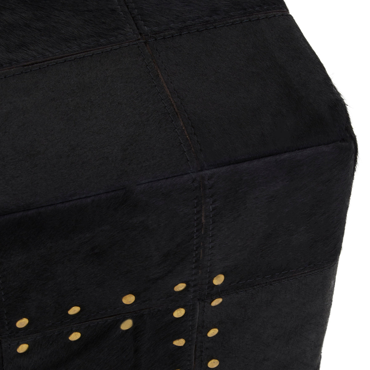 Beaumonde Home Bosie Safira Black Patchwork Leather Pouffe With Gold Studs 2