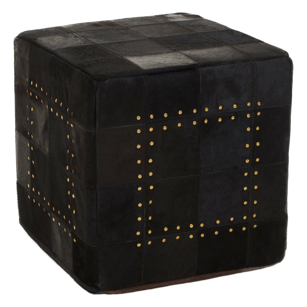 Beaumonde Home Bosie Safira Black Patchwork Leather Pouffe With Gold Studs 1