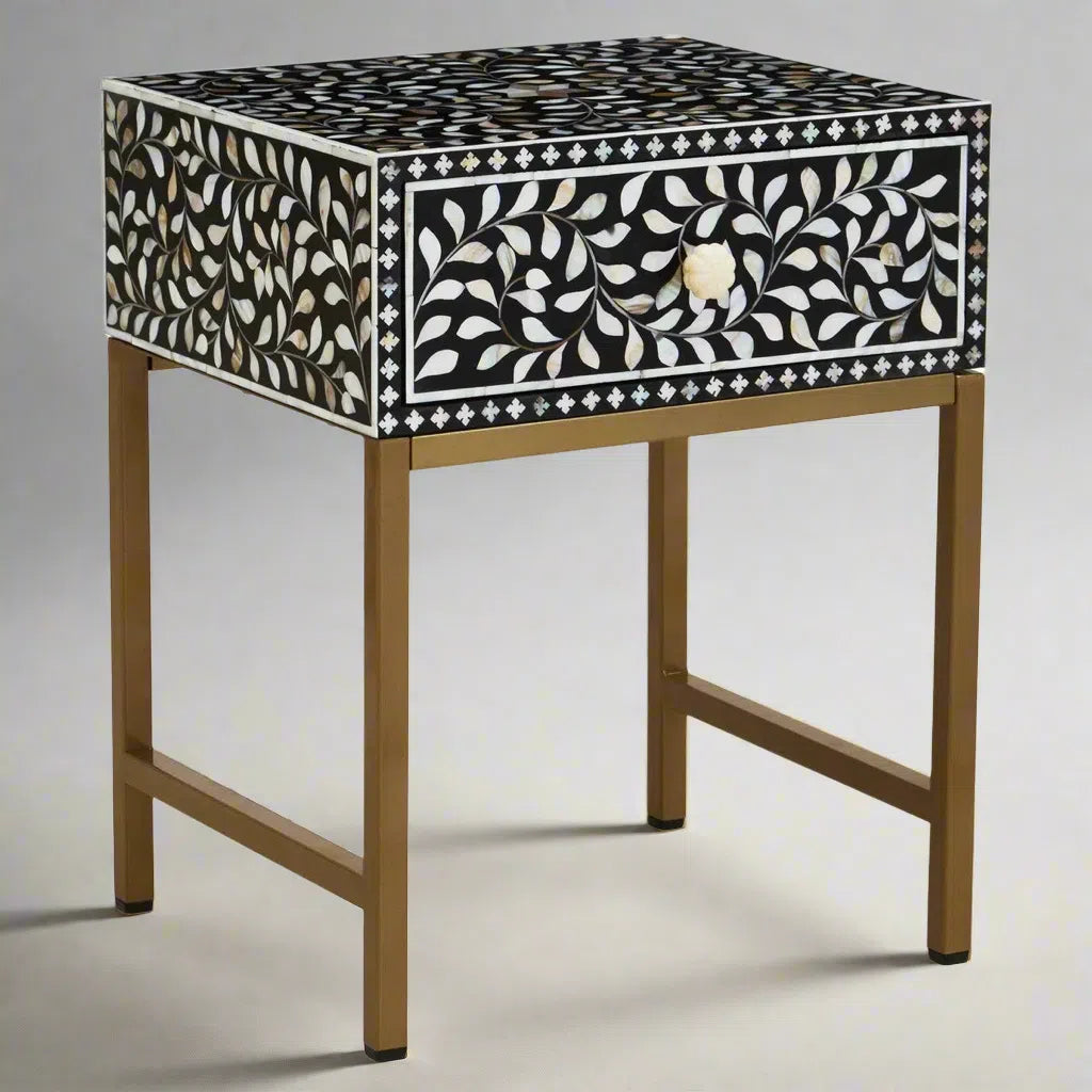 Beaumonde Home Fuster 1 Drawer Side Table with Bone Inlay-Beaumonde
