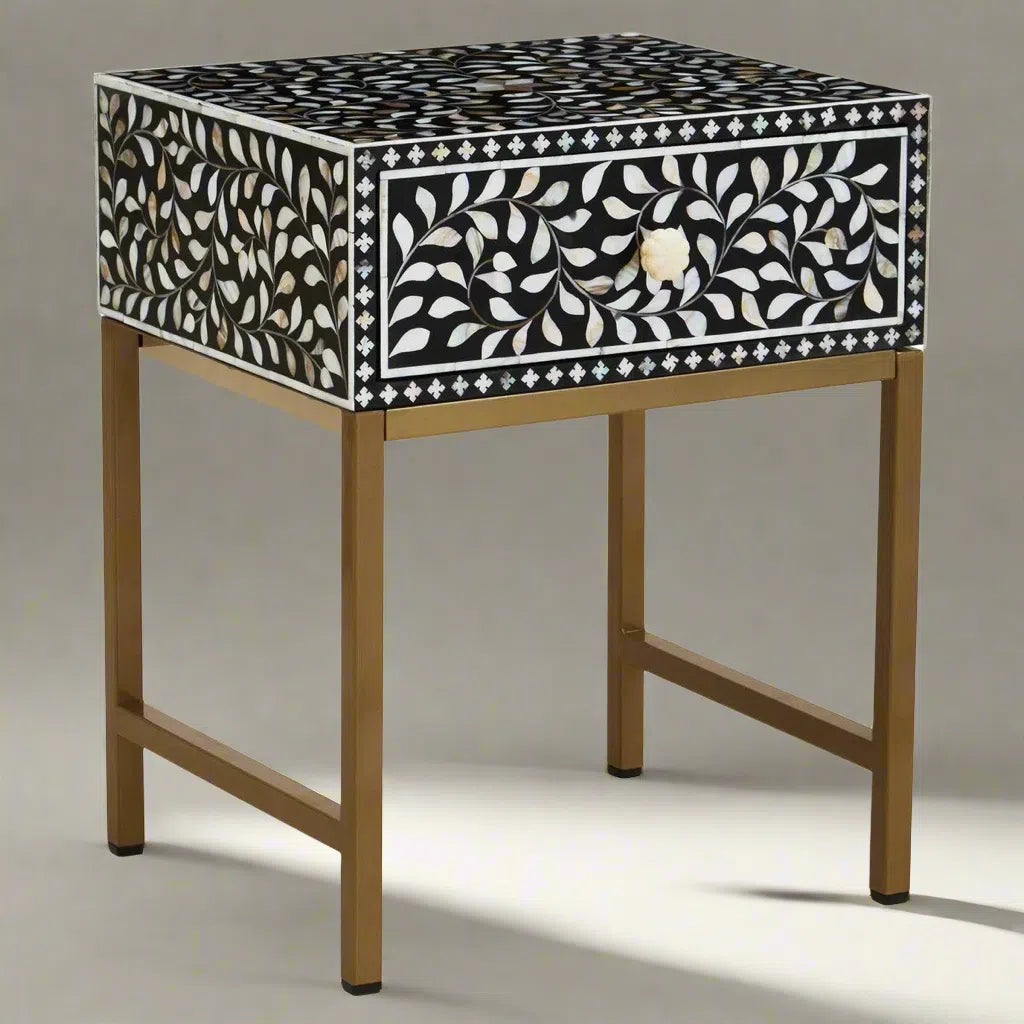Beaumonde Home Fuster 1 Drawer Side Table with Bone Inlay-Beaumonde