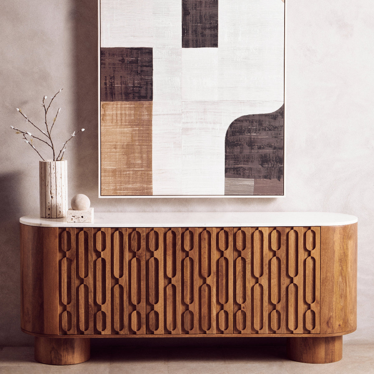 Beaumonde Home Torcino Mango Wood Carved Design Marble Top Three Door Sideboard 12