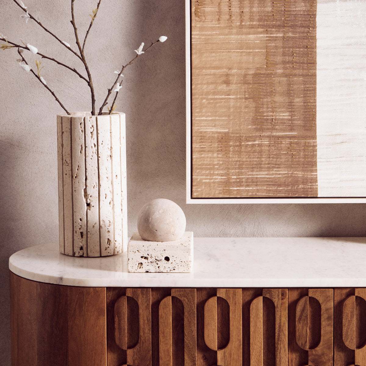 Beaumonde Home Torcino Mango Wood Carved Design Marble Top Three Door Sideboard 11