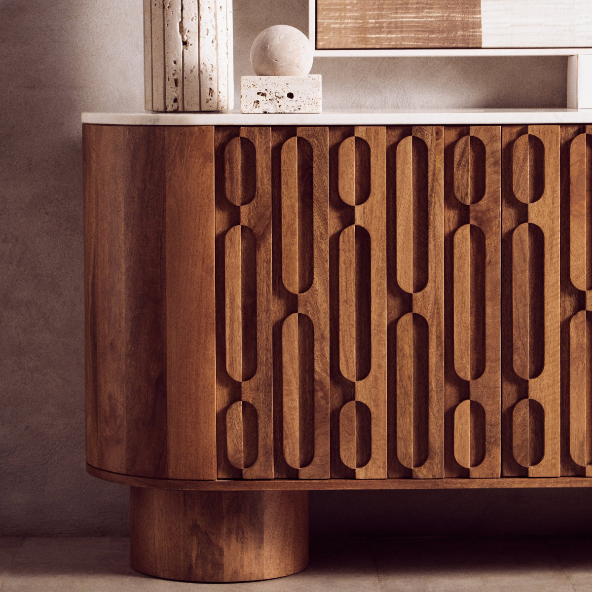 Beaumonde Home Torcino Mango Wood Carved Design Marble Top Three Door Sideboard 10