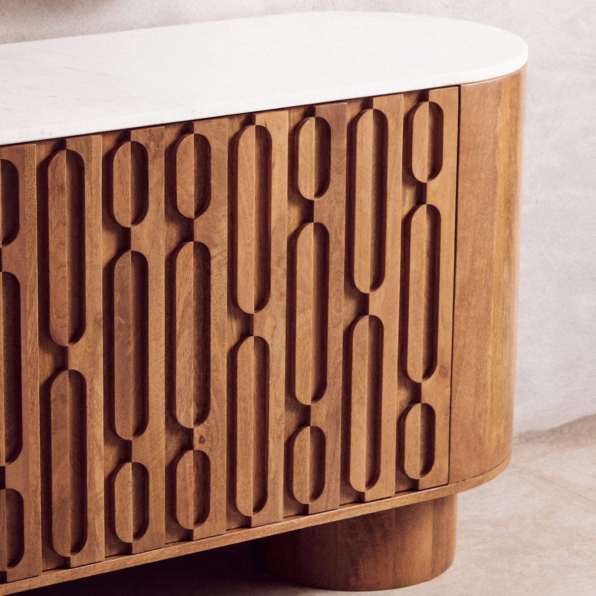 Beaumonde Home Torcino Mango Wood Carved Design Marble Top Three Door Sideboard 9