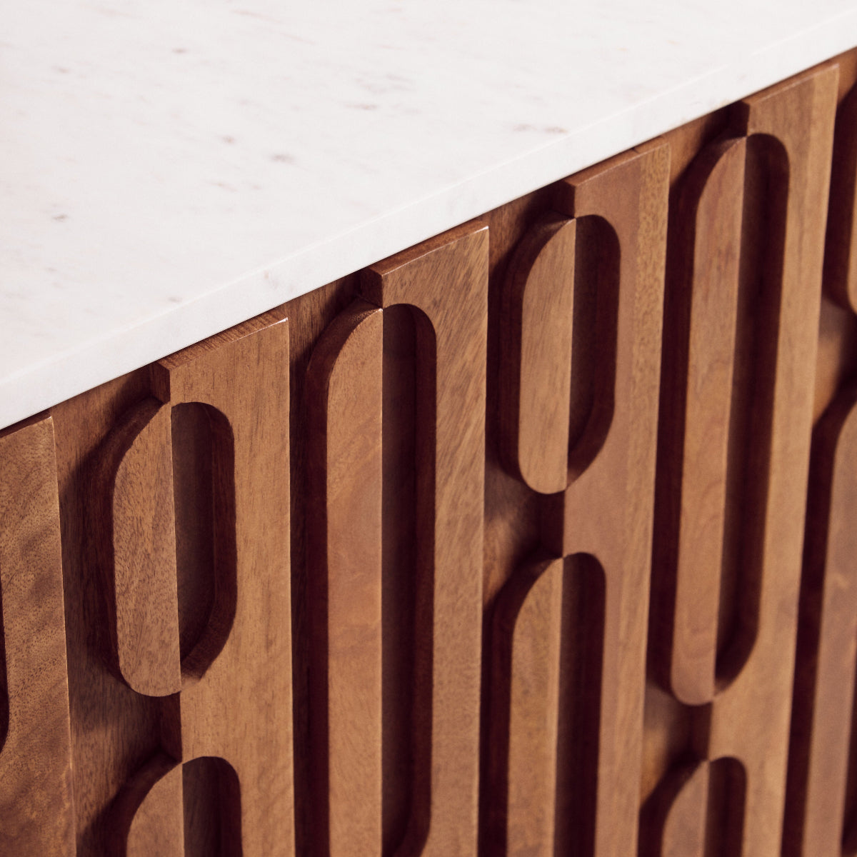 Beaumonde Home Torcino Mango Wood Carved Design Marble Top Three Door Sideboard 8