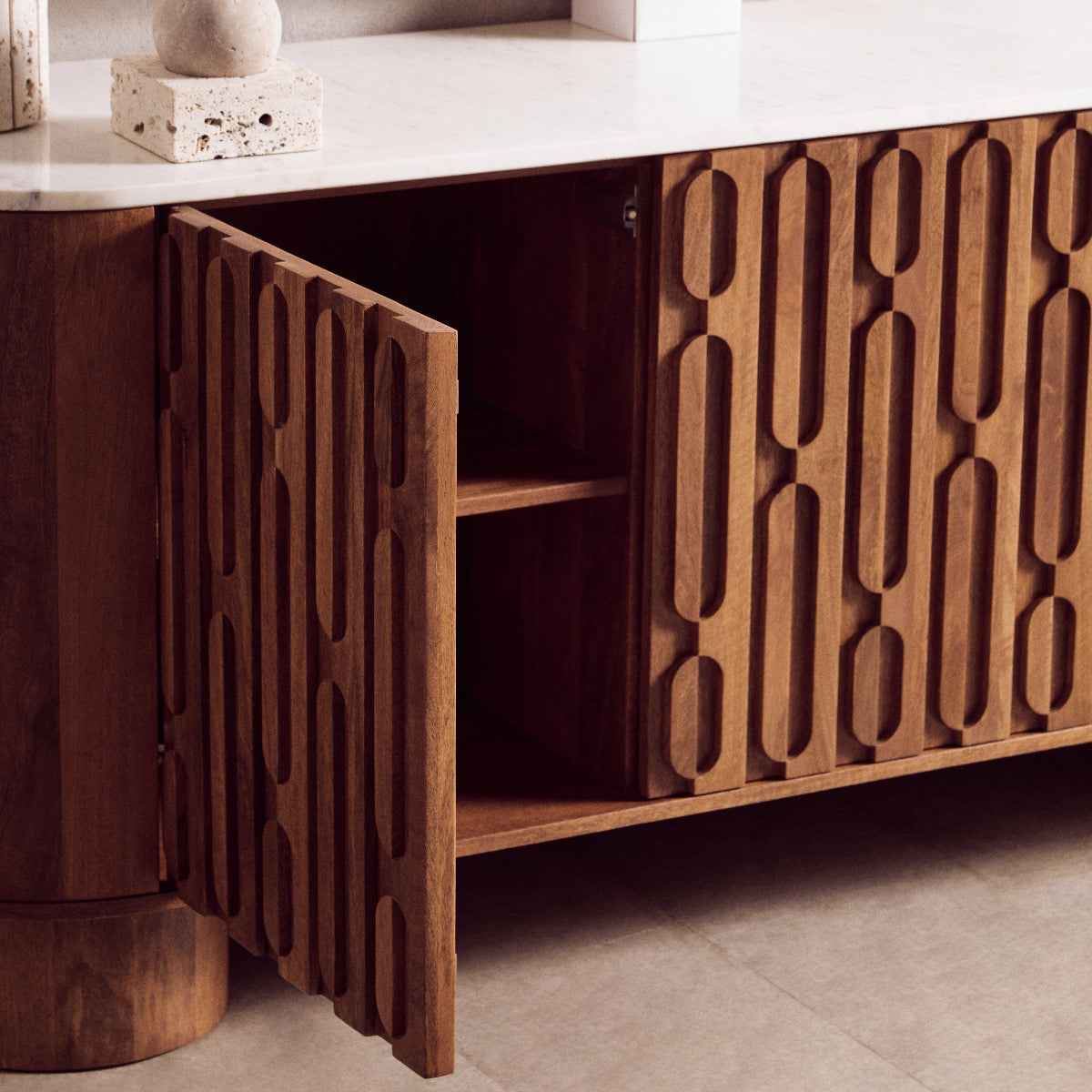 Beaumonde Home Torcino Mango Wood Carved Design Marble Top Three Door Sideboard 7