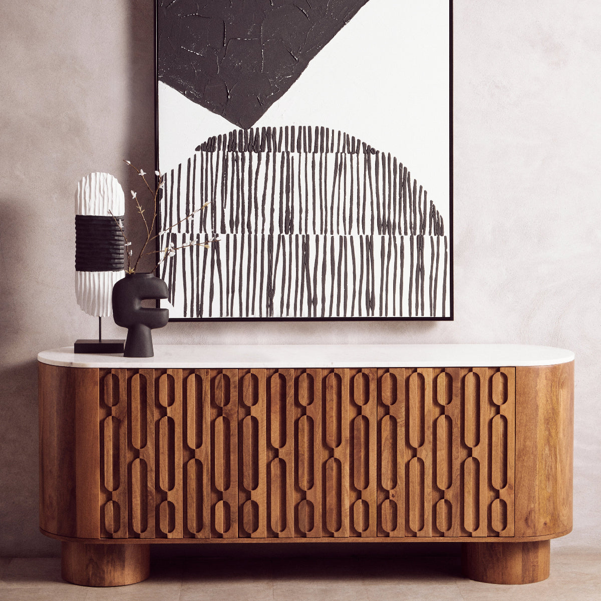 Beaumonde Home Torcino Mango Wood Carved Design Marble Top Three Door Sideboard 6