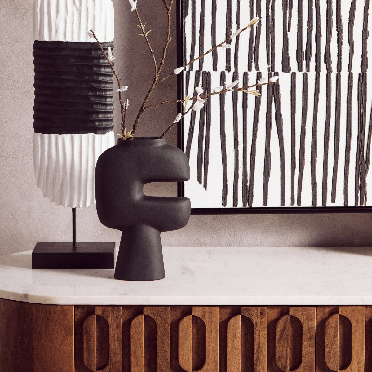 Beaumonde Home Torcino Mango Wood Carved Design Marble Top Three Door Sideboard 5