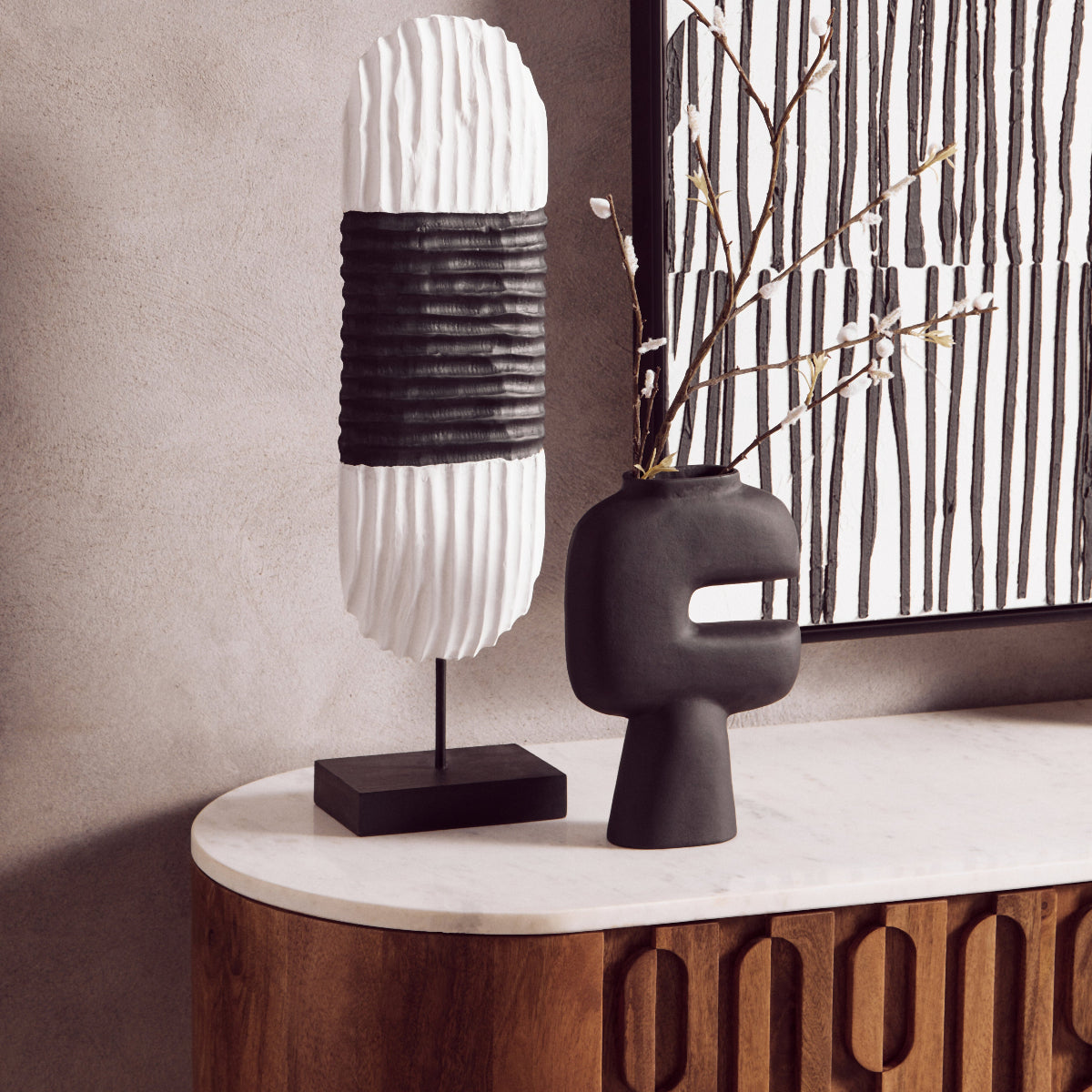 Beaumonde Home Torcino Mango Wood Carved Design Marble Top Three Door Sideboard 4