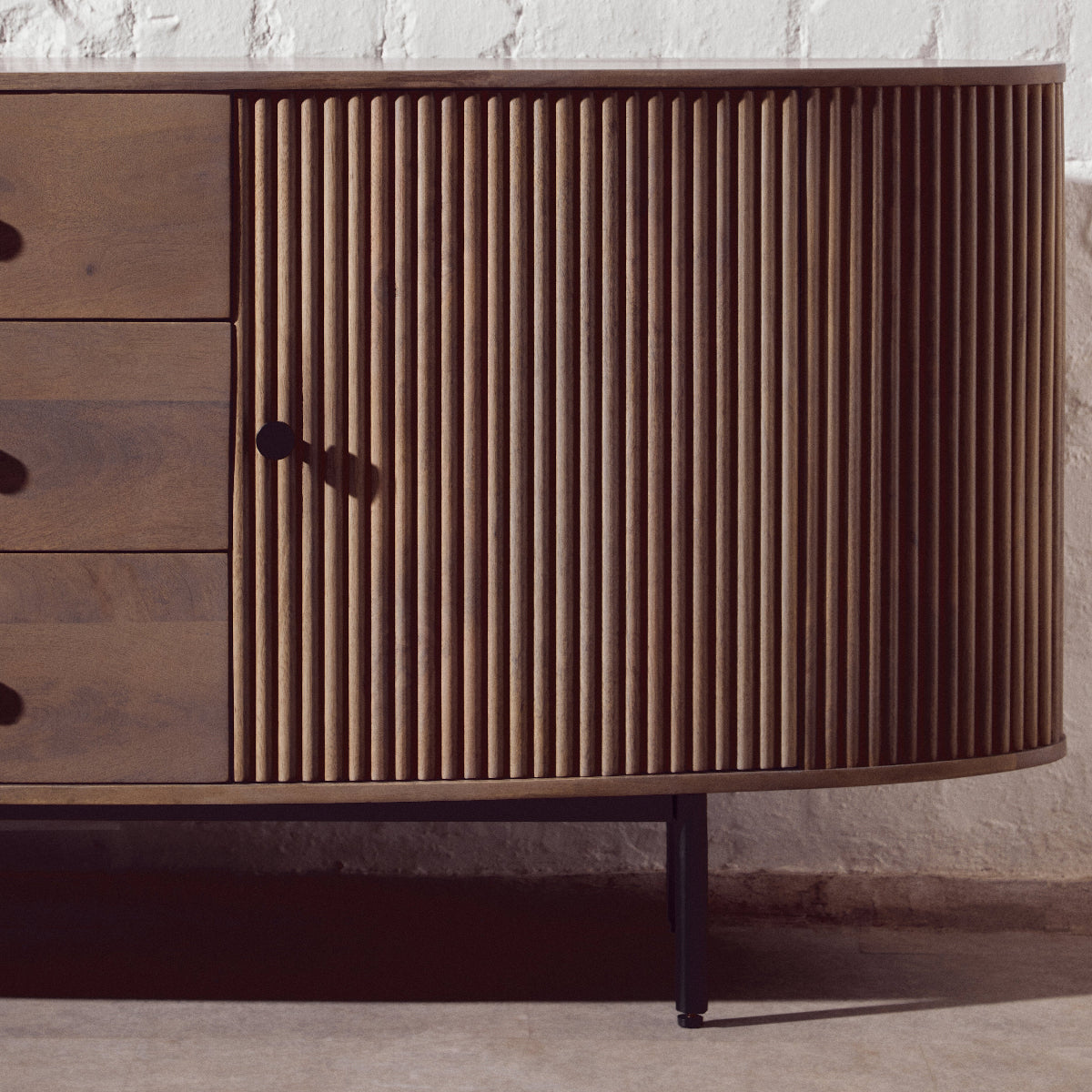 Beaumonde Home Torello Three Drawer Grey Mango Wood Sideboard 10