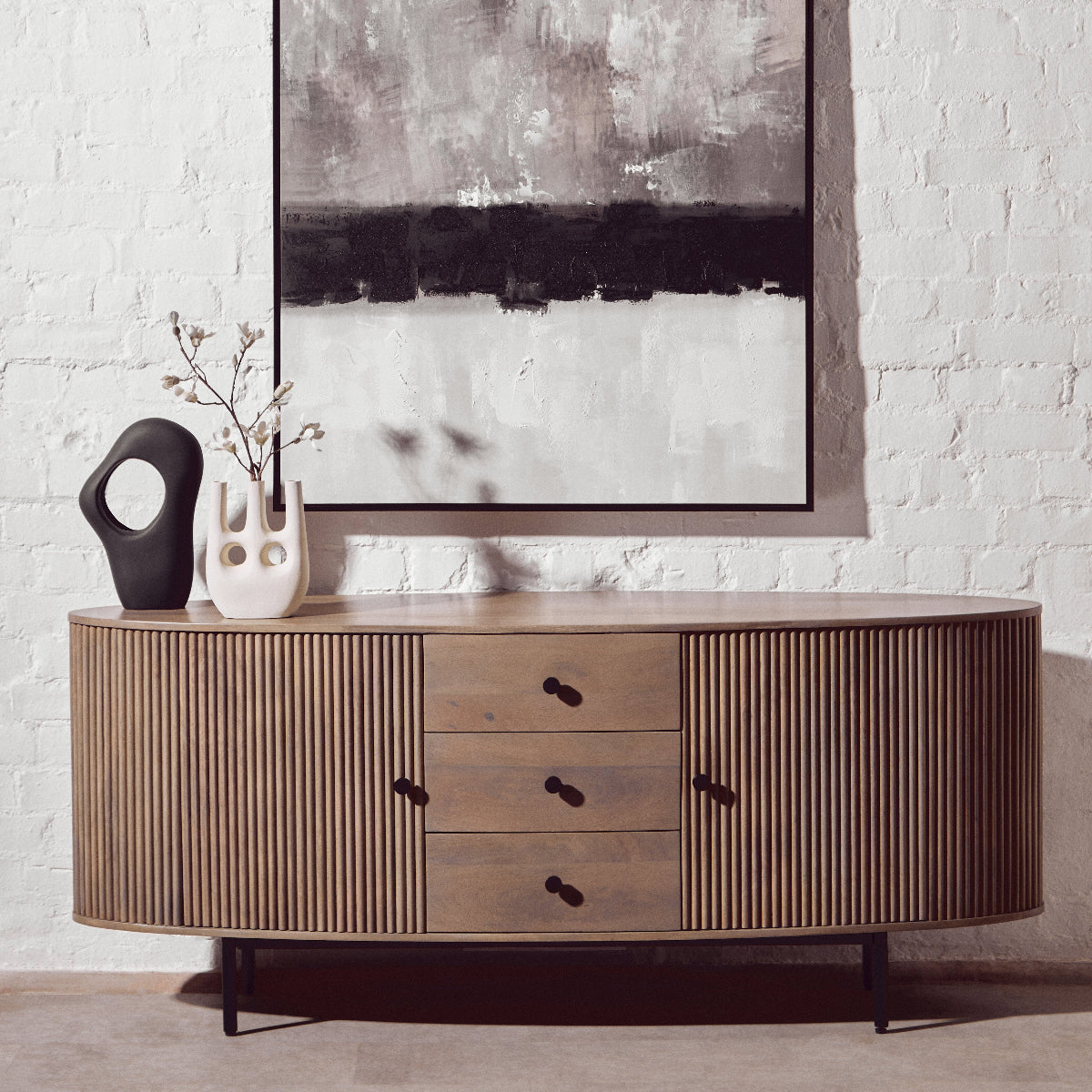 Beaumonde Home Torello Three Drawer Grey Mango Wood Sideboard 7