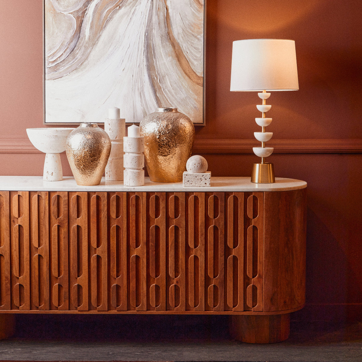 Beaumonde Home Torcino Mango Wood Carved Design Marble Top Three Door Sideboard 3