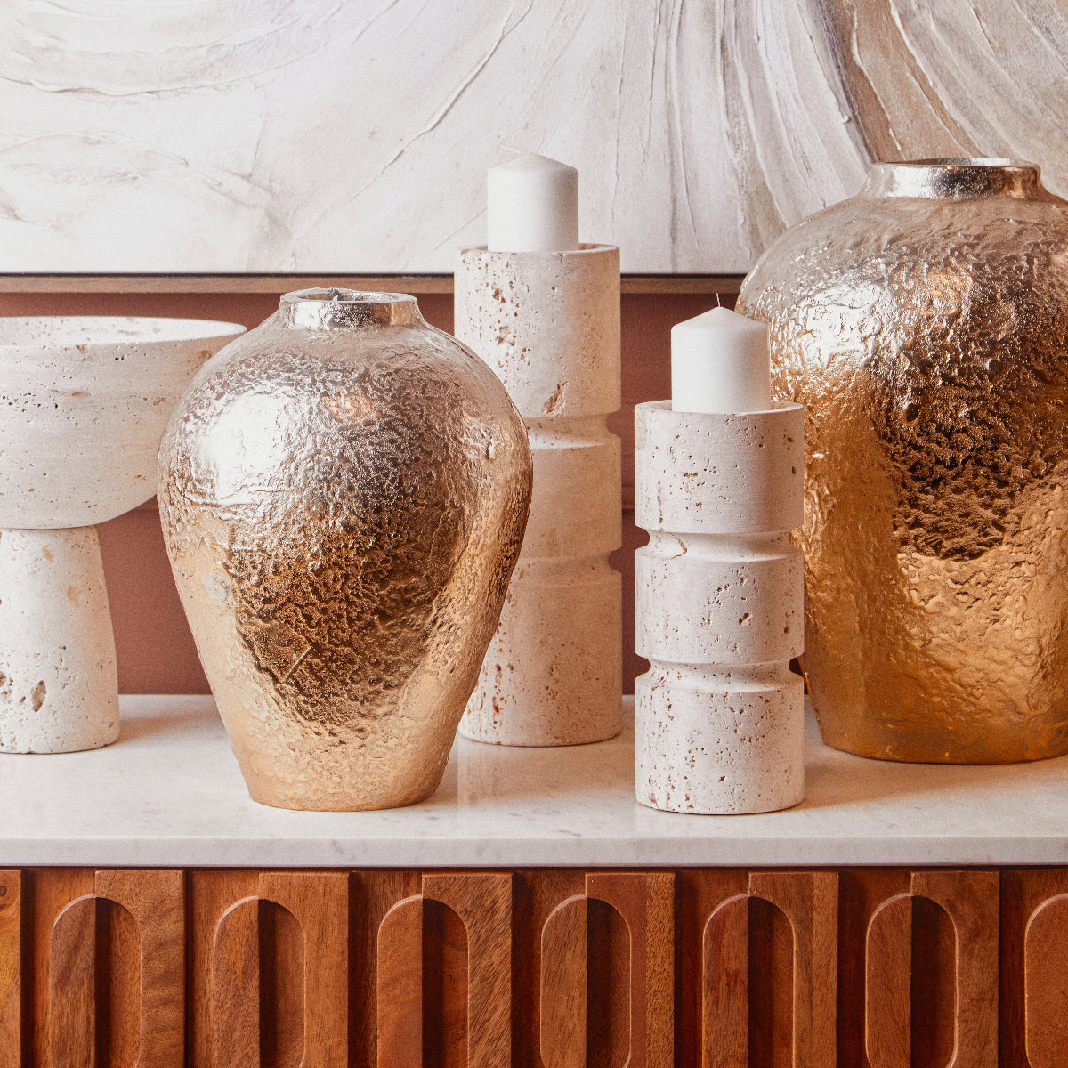 Beaumonde Home Torcino Mango Wood Carved Design Marble Top Three Door Sideboard 2