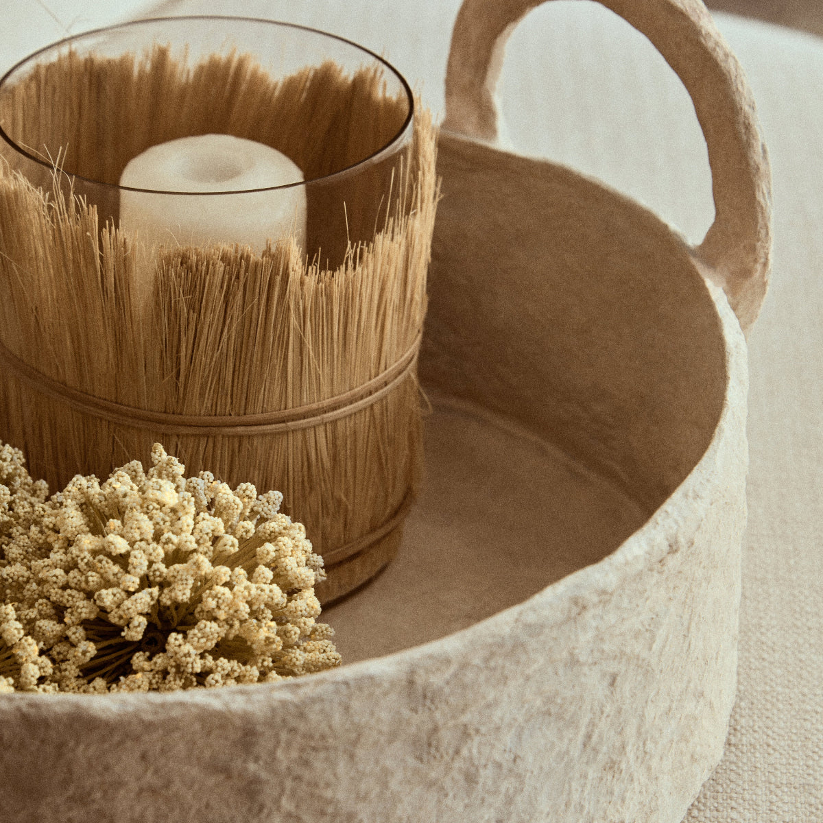 Beaumonde Home Sanai Cotton Mache Round Tray With Decorative Handles 2