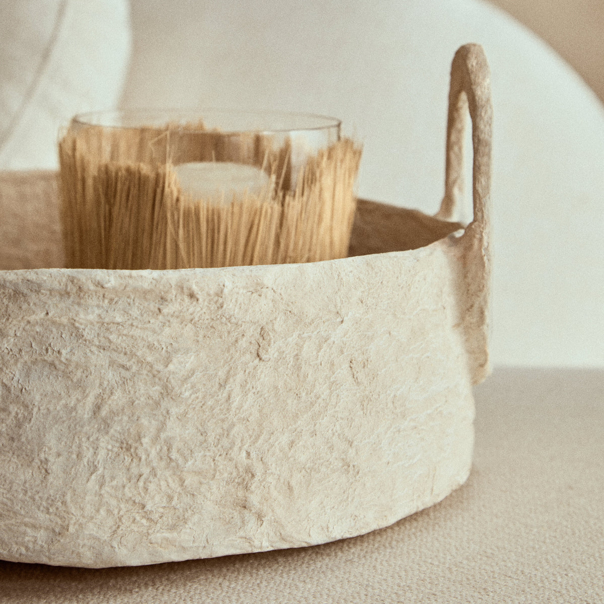 Beaumonde Home Sanai Cotton Mache Round Tray With Decorative Handles 1