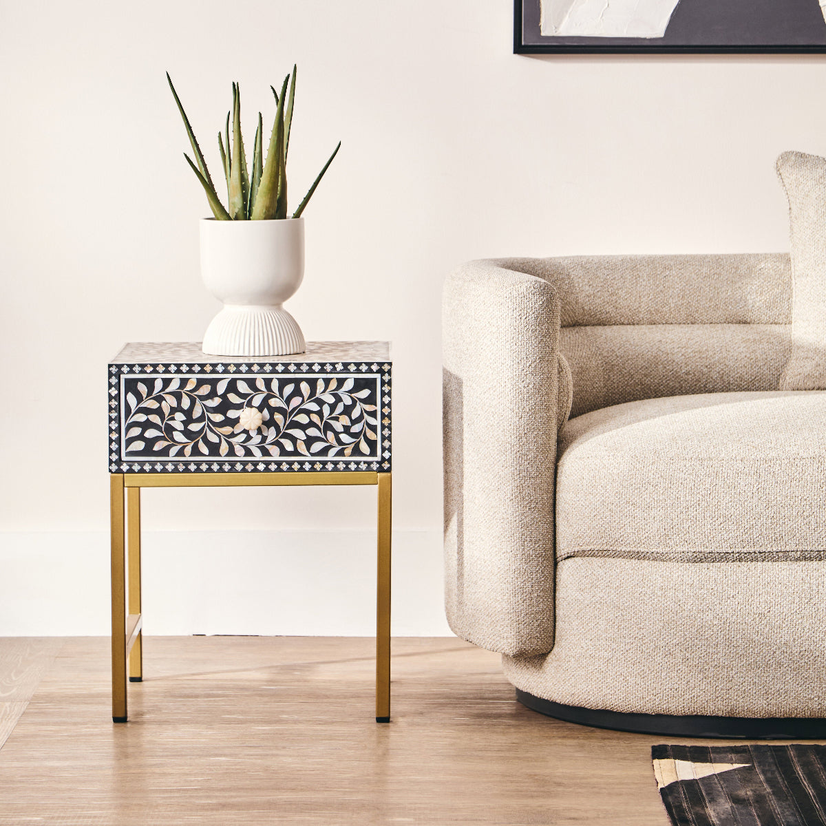 Beaumonde Home Fusion 1 Drawer Side Table With Bone Inlay 3
