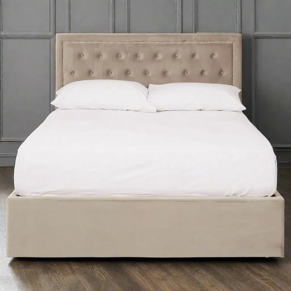 Beaumonde Home Honora Mink Velvet Ottoman Double Bed-Beaumonde