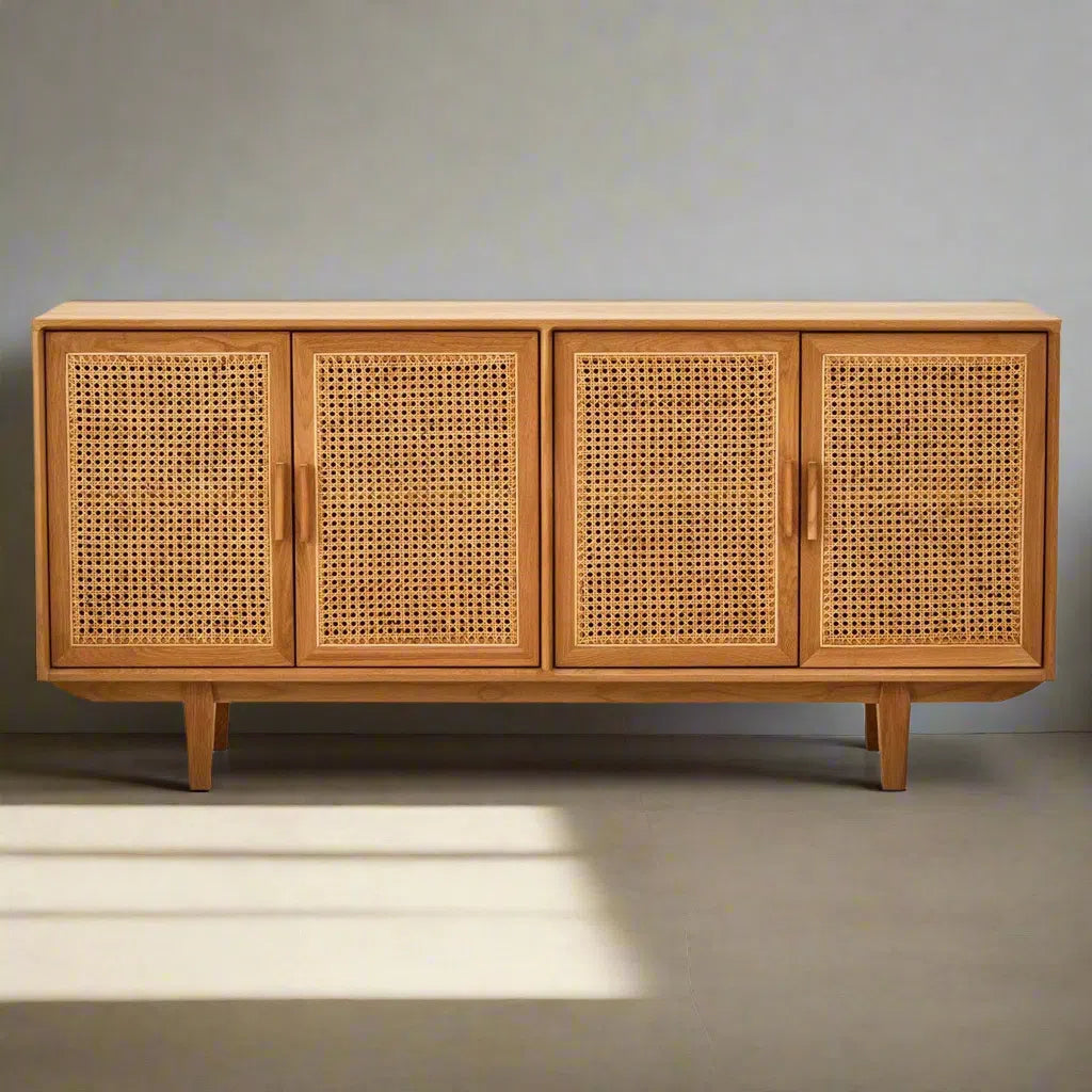 Beaumonde Home Miribel 4 Door Natural Rattan And Oak Sideboard-Beaumonde