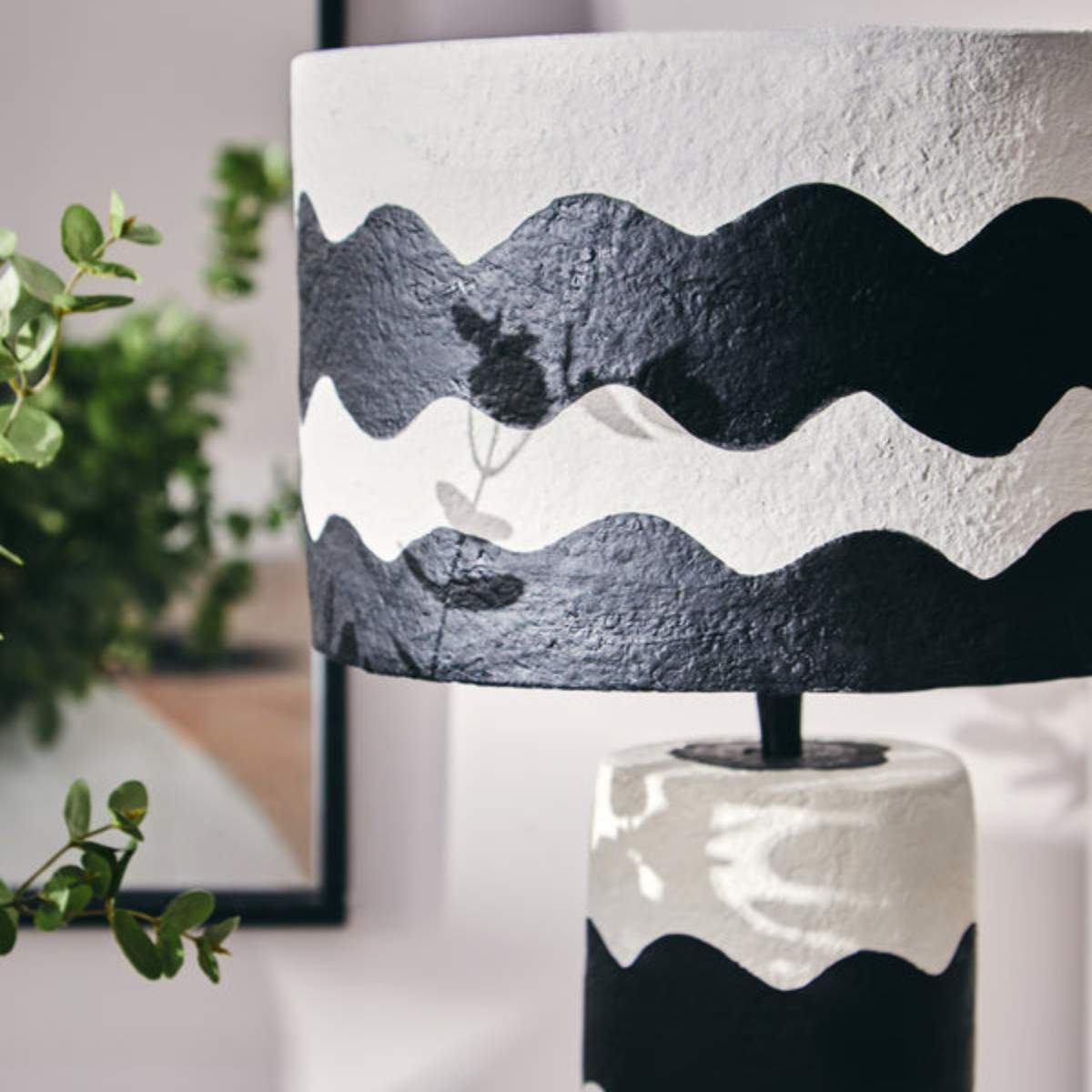 Beaumonde Home Carta 50Cm Black And White Curved Stripe Papier Mache Table Lamp