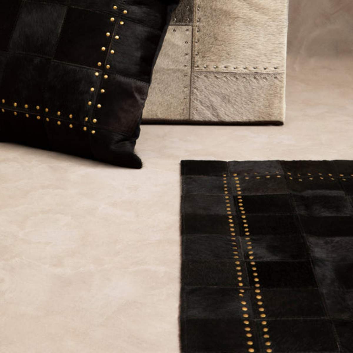 Beaumonde Home Bosie Safira Small Black Patchwork Leather Rug With Gold Studs