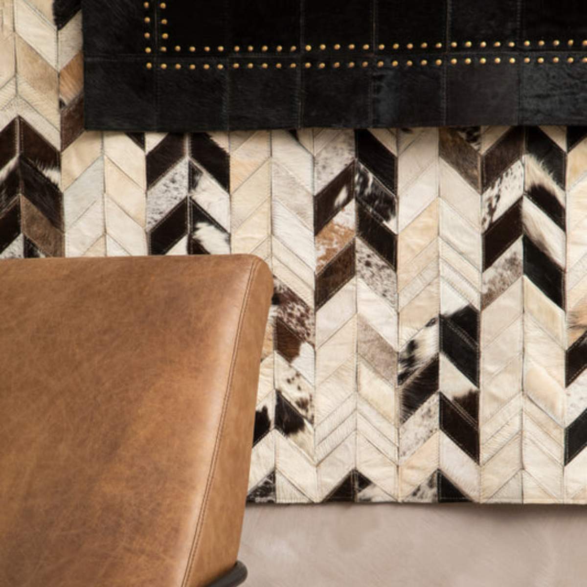 Beaumonde Home Bosie Safira Small Black Patchwork Leather Rug With Gold Studs