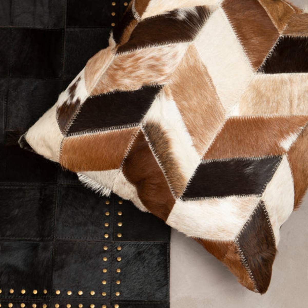 Beaumonde Home Bosie Safira Large Black Patchwork Leather Rug With Gold Studs