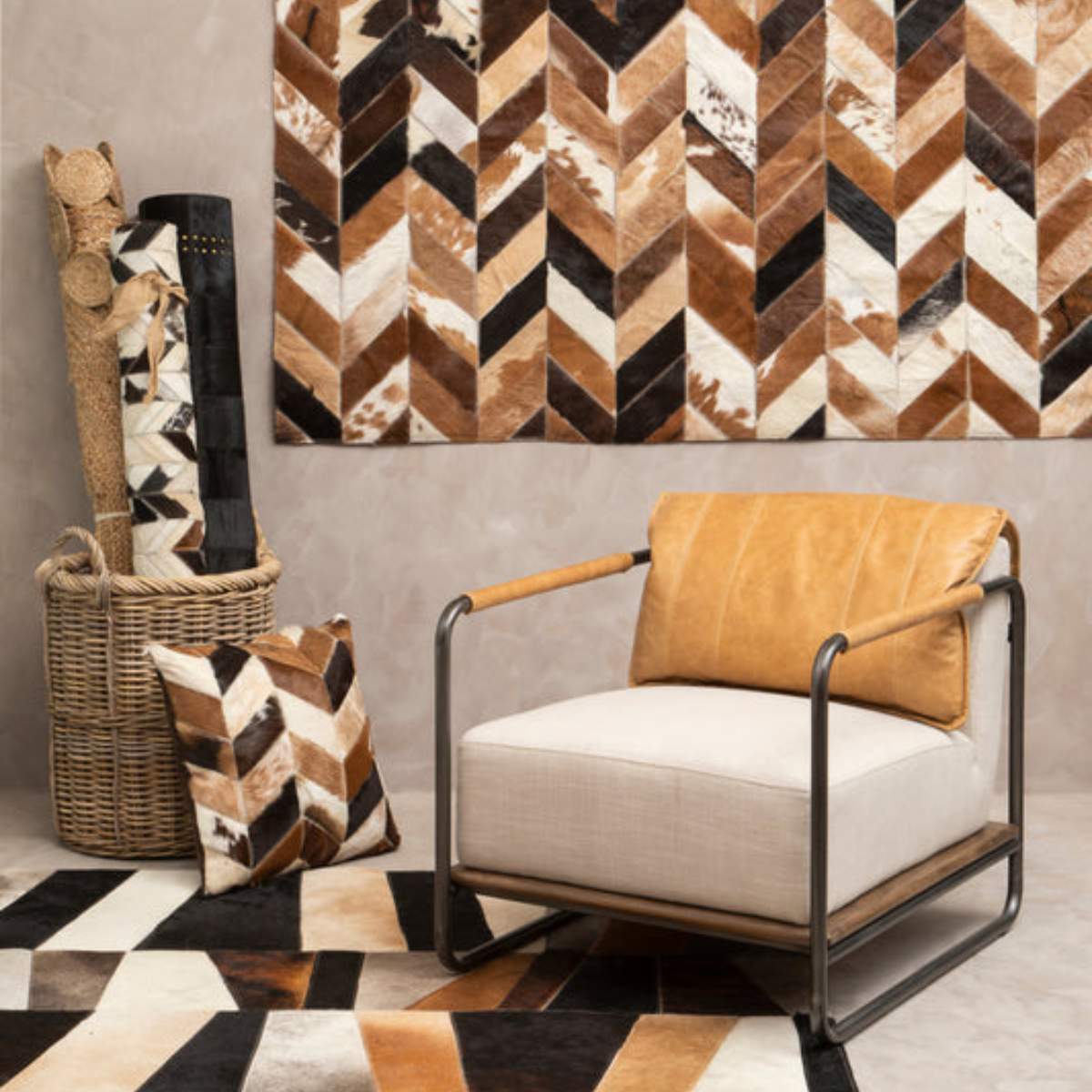 Beaumonde Home Bosie Safira Large Black Patchwork Leather Rug With Gold Studs