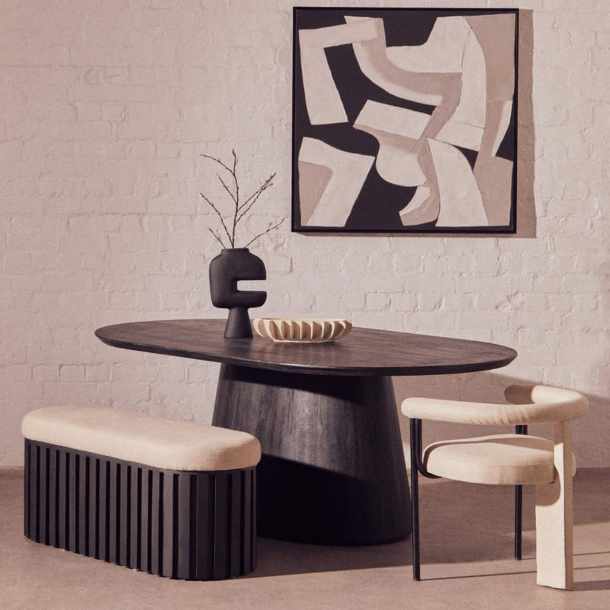 Beaumonde Home Perdoba Ridge Base Mango Wood Black Finish Texture Fabric Bench